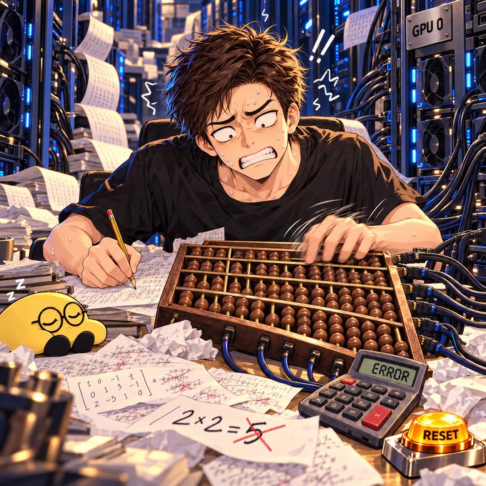 Illustration: a panicked guy doing math on an abacus wired into GPU racks, calculator reading ERROR, a RESET button nearby.