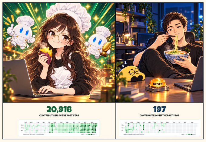 Side-by-side illustration: a busy coder with chef bots and '20,918 contributions in the last year' vs a relaxed guy eating noodles next to a RESET button with '197 contributions in the last year'.